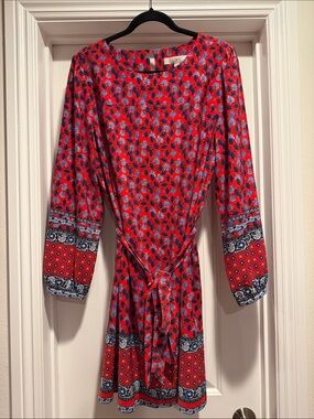 LOFT Red Printed Long-Sleeve Tie-Waist Dress with Blue Border
